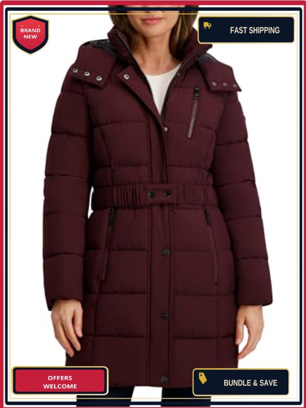 Women's Heavyweight Stretch Puffer Jacket, Water Resistant, Removable Hood,